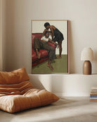 A framed poster with a black, lesbian couple kissing.