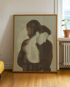 A poster of two men hugging, abstract and minimalistic style.