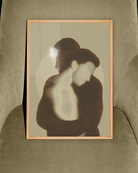 A poster of two men hugging, abstract and minimalistic style.