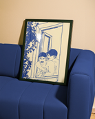 A poster with two gay men hugging from behind on a french balcony, linear style.