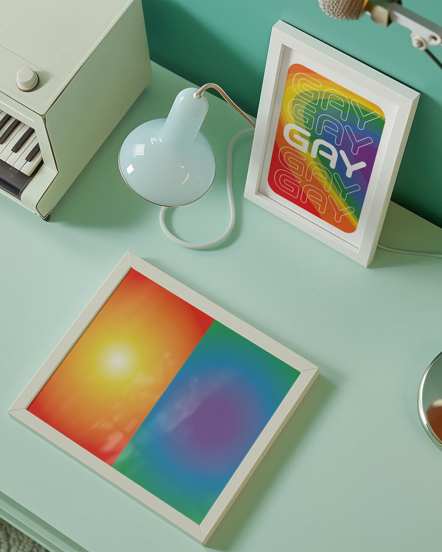 A gallery wall with two pride themed prints.
