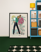 A poster depicting two gay men in a romantic embrace on a warm beach, featuring the text: “GAY GETAWAY HOLIDAY” & “Sitges, Spain 1979.”