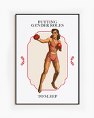 A poster featuring a muscular male boxer in makeup and pink clothing, with the text 'PUTTING GENDER ROLES TO SLEEP'.