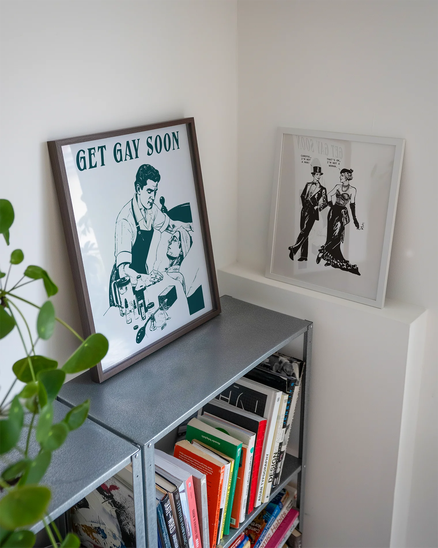 A poster depicting a male nurse taking care of a sick, bedridden man, accompanied by the ironic text: “GET GAY SOON.”
