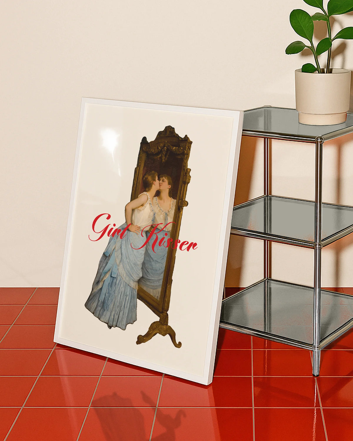 A poster of a woman kissing her reflection in a mirror with the text GIRL KISSER.