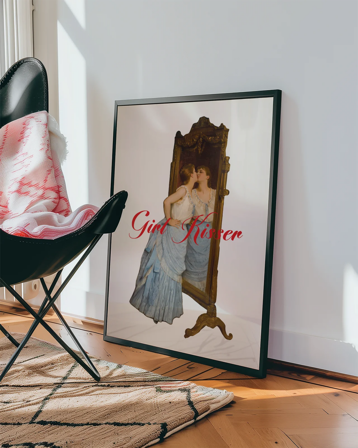 A poster of a woman kissing her reflection in a mirror with the text GIRL KISSER.