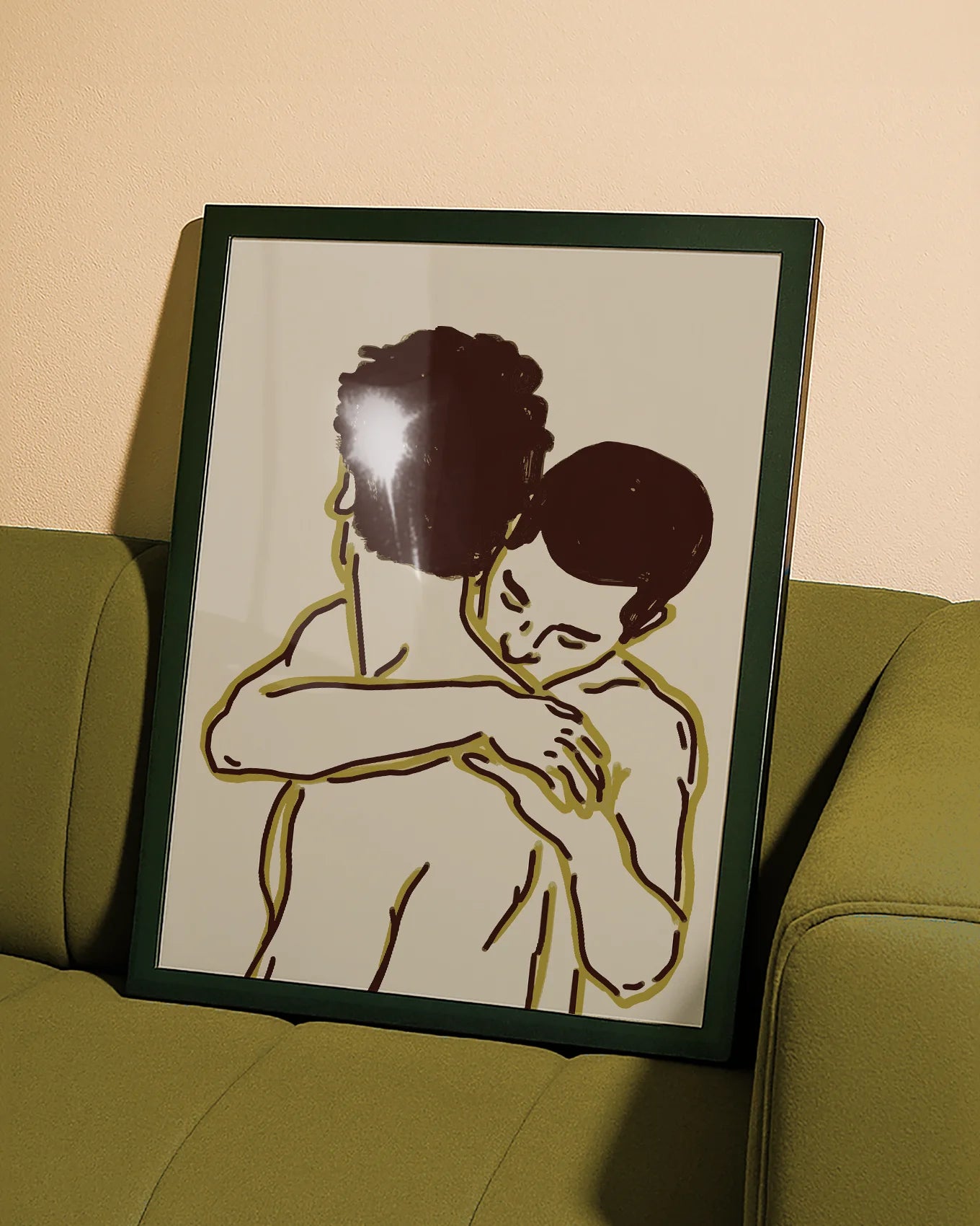 A poster with two gay men kissing in a line art style.