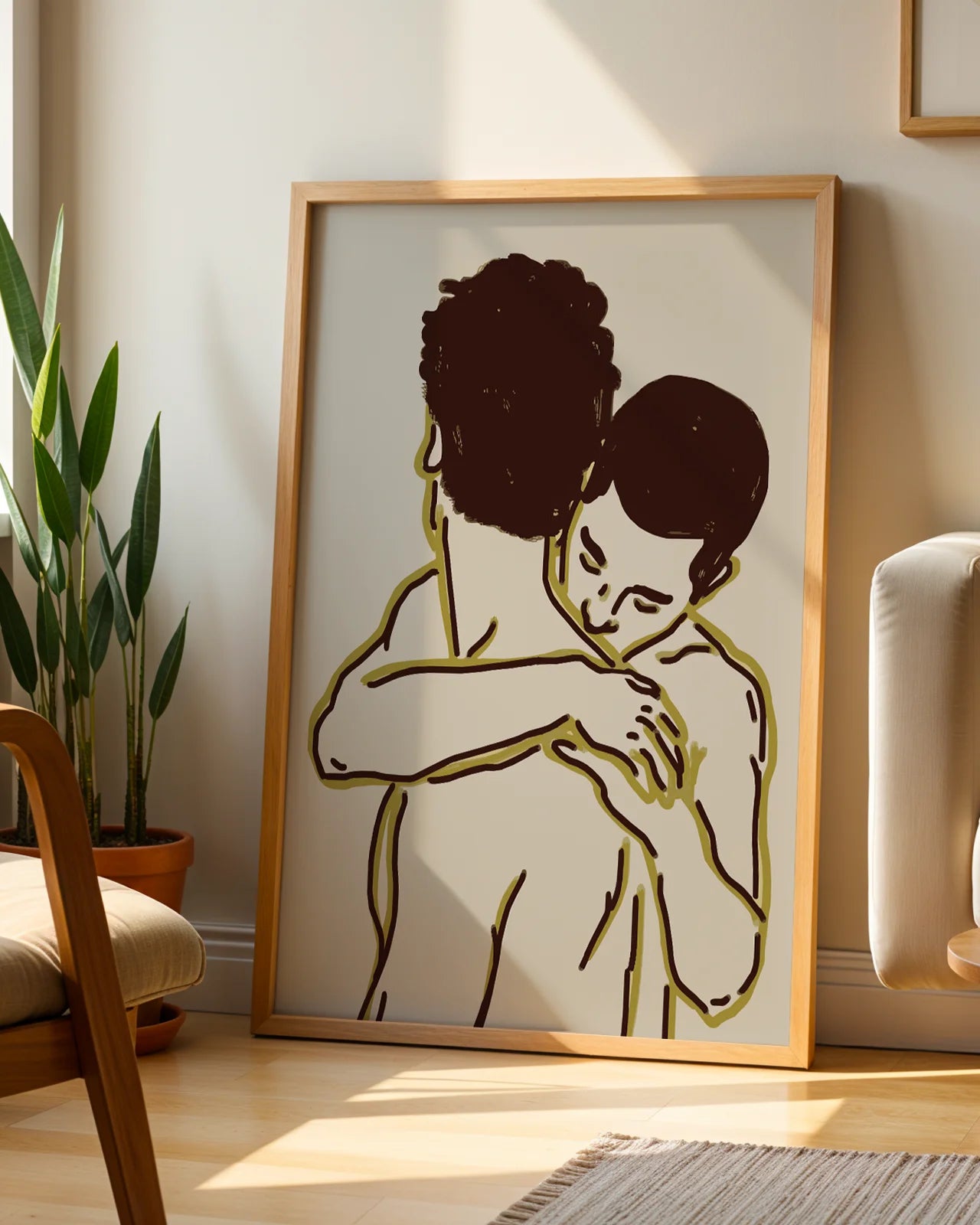 A poster with two gay men kissing in a line art style.