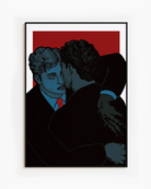 A framed poster with two groomsmen hugging.