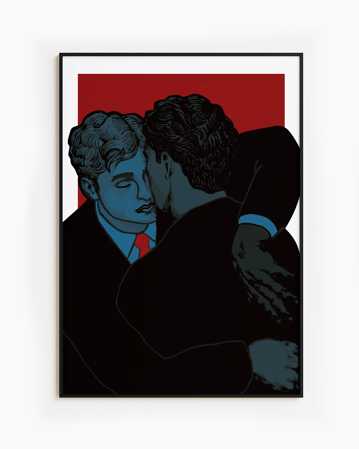 A framed poster with two groomsmen hugging.