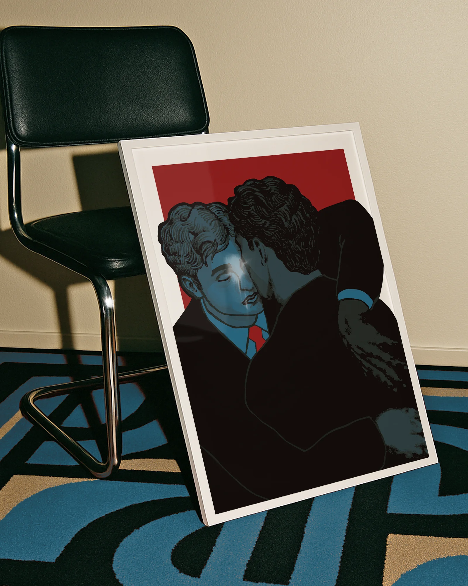 A framed poster with two groomsmen hugging.