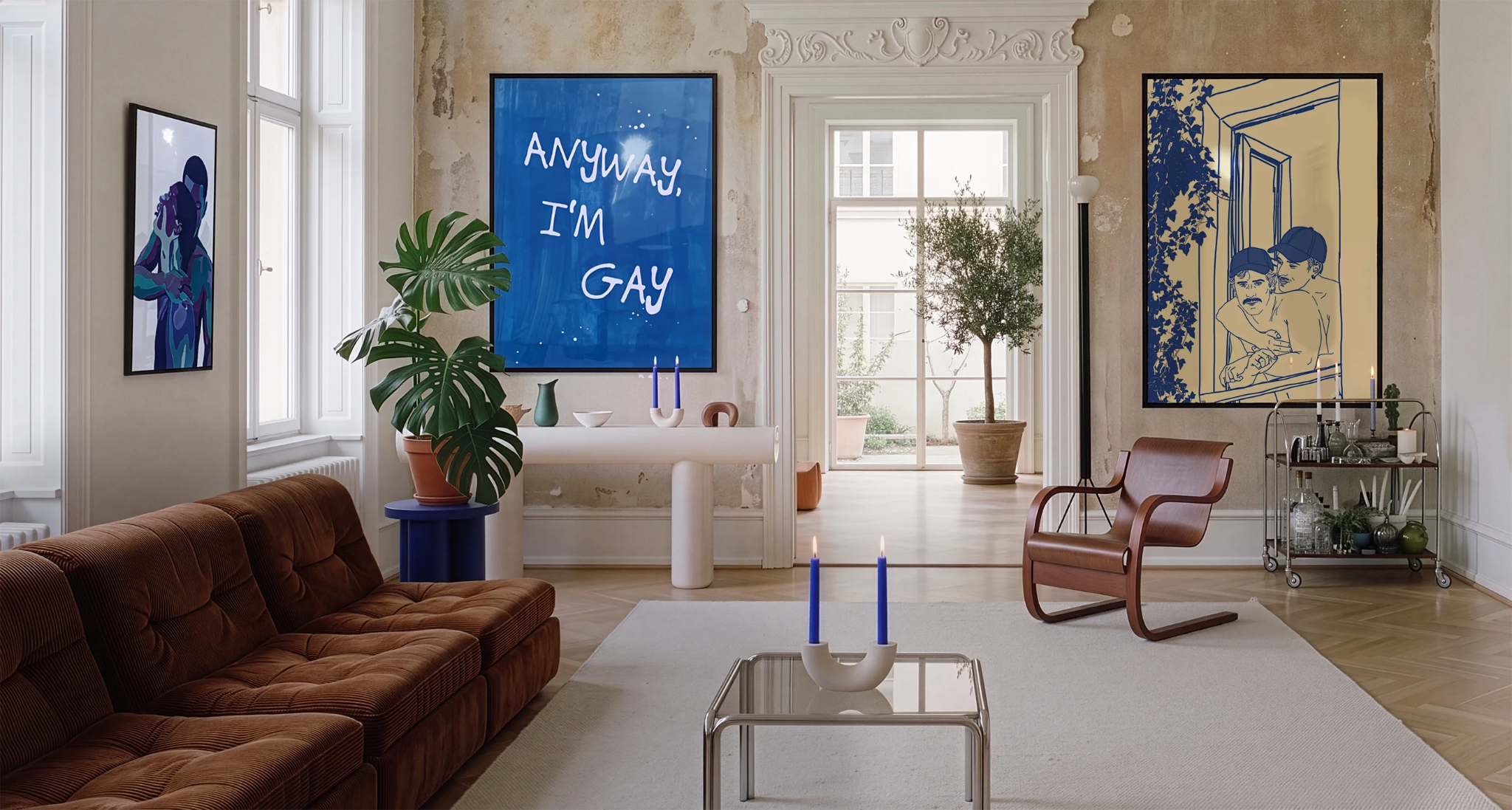 A header image with three gay poster in a living room.