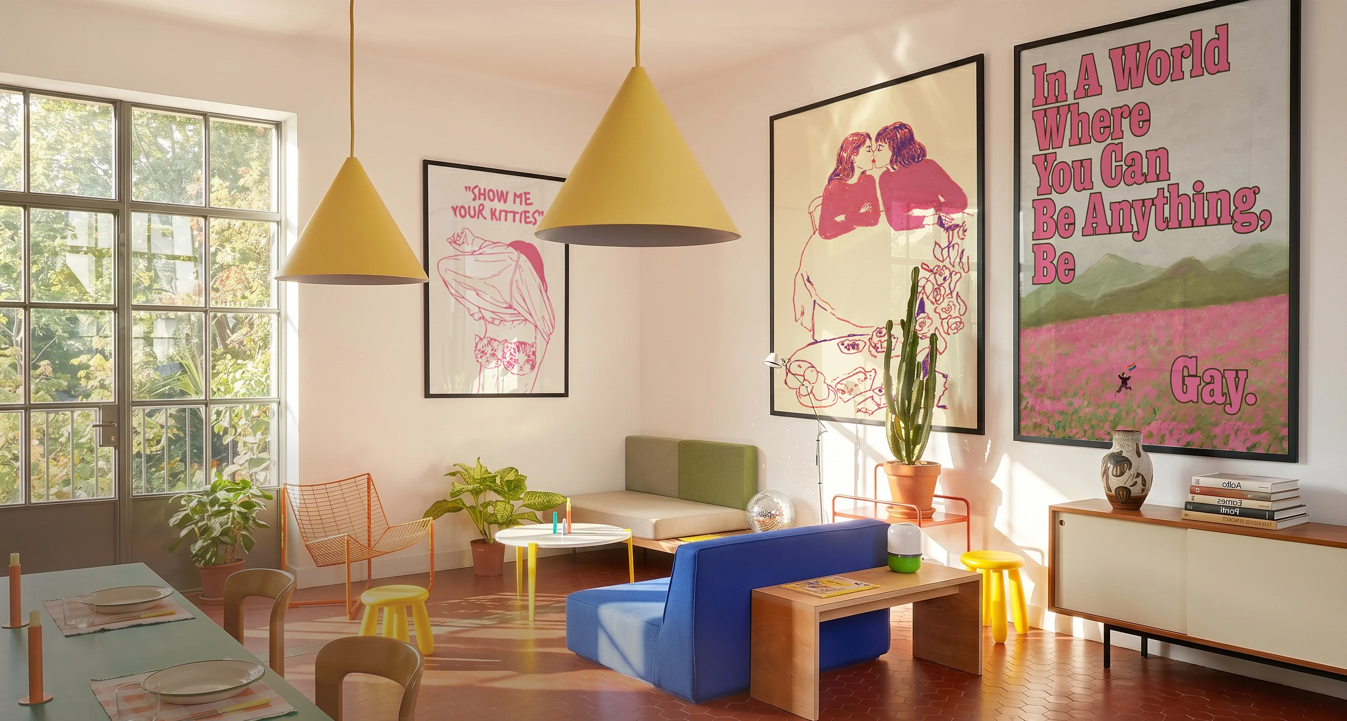 A living room with three lesbian posters.