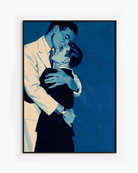 A framed print with two gay men hugging tightly, vintage 1940's style.