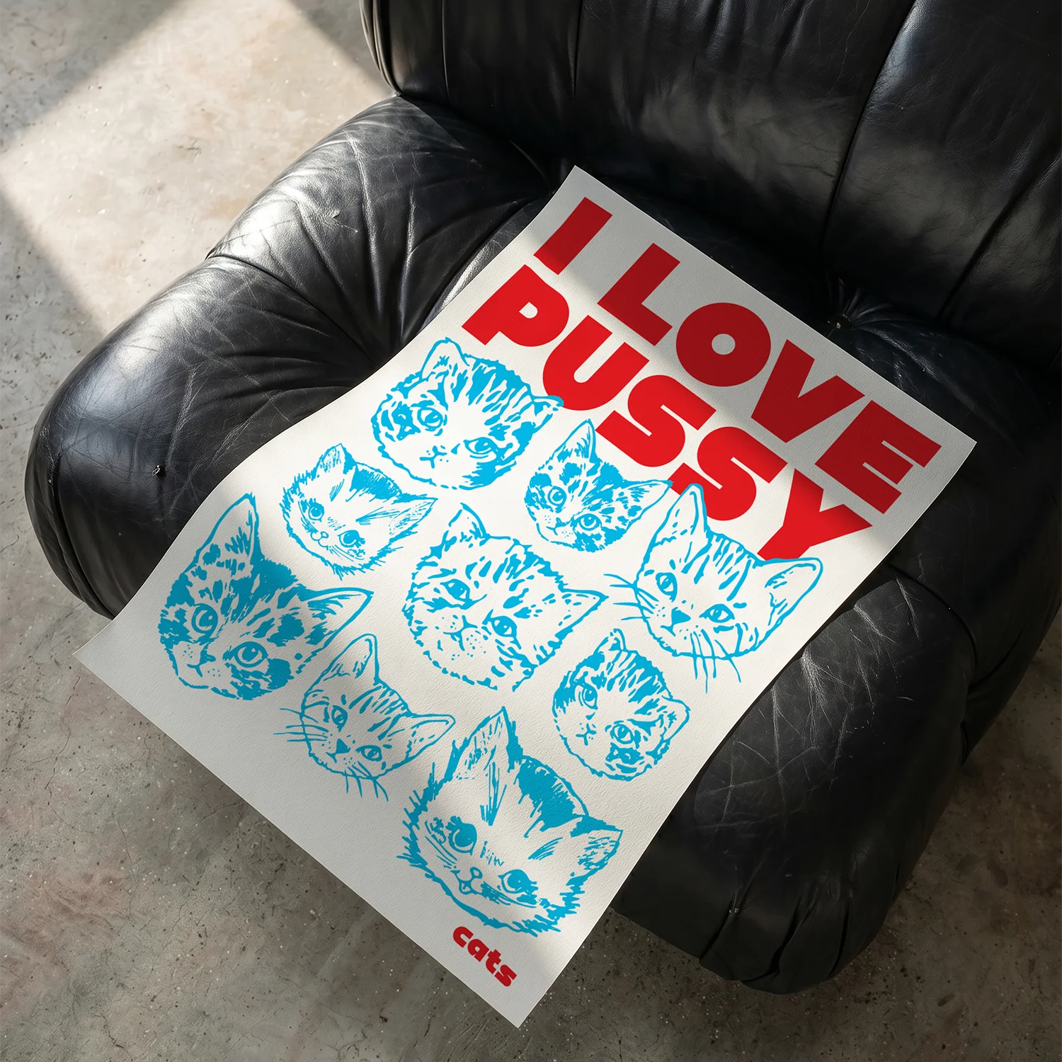 A fun queer poster with cats and the text 'I LOVE PUSSYCATS'.