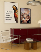 A framed poster with Jesus saying "Y'all heteros need some serious counseling cuz damn."