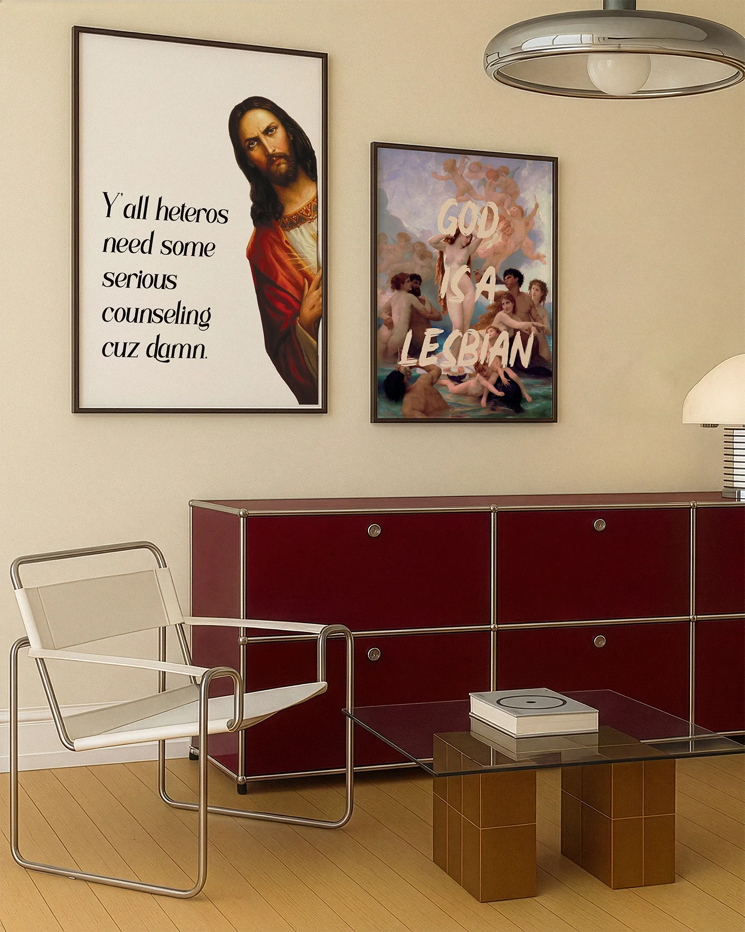 A framed poster with Jesus saying "Y'all heteros need some serious counseling cuz damn."
