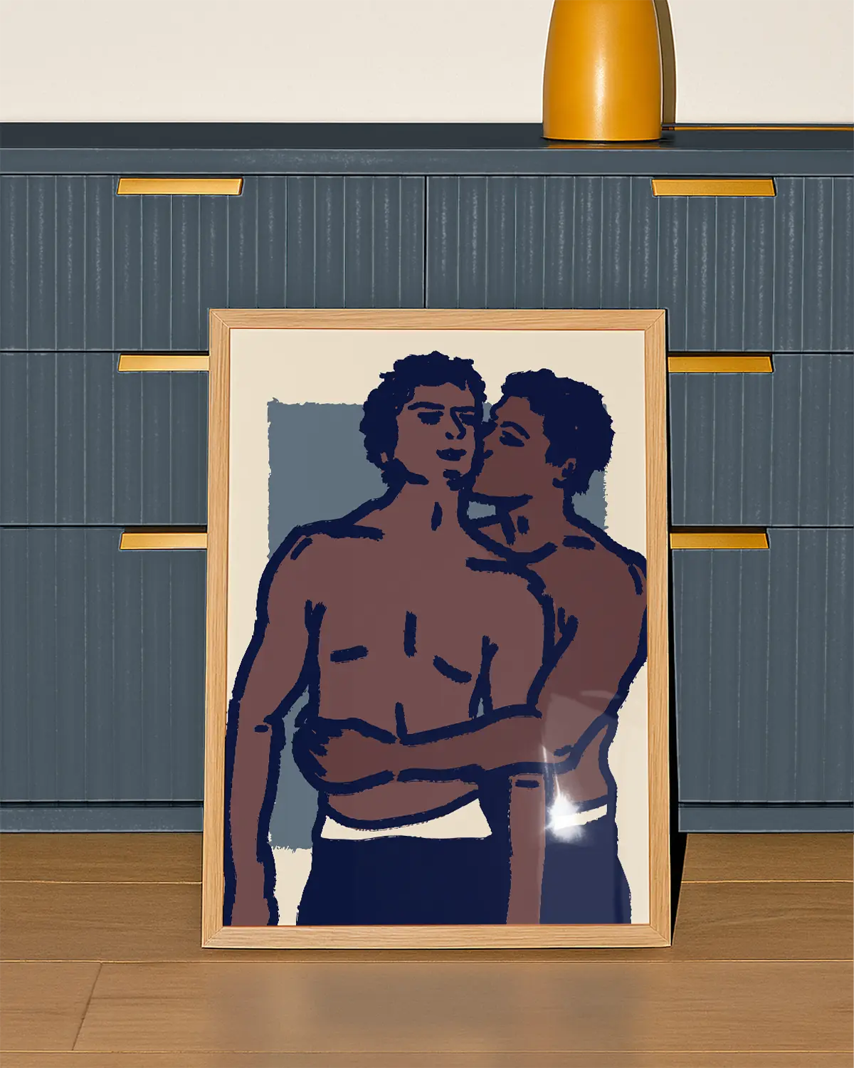 A poster of a gay couple kissing.