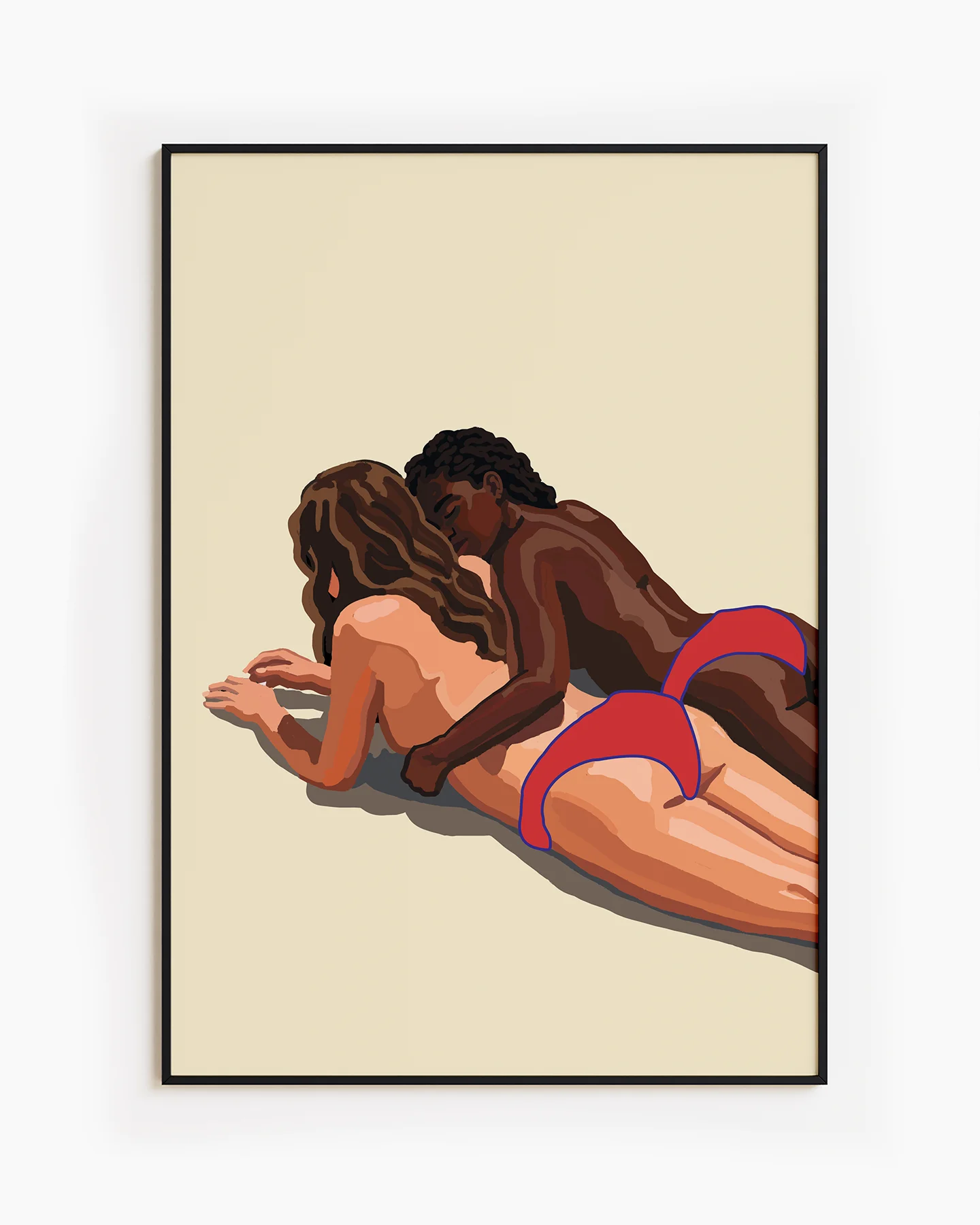 A poster with two lesbian girls cuddling on the beach.