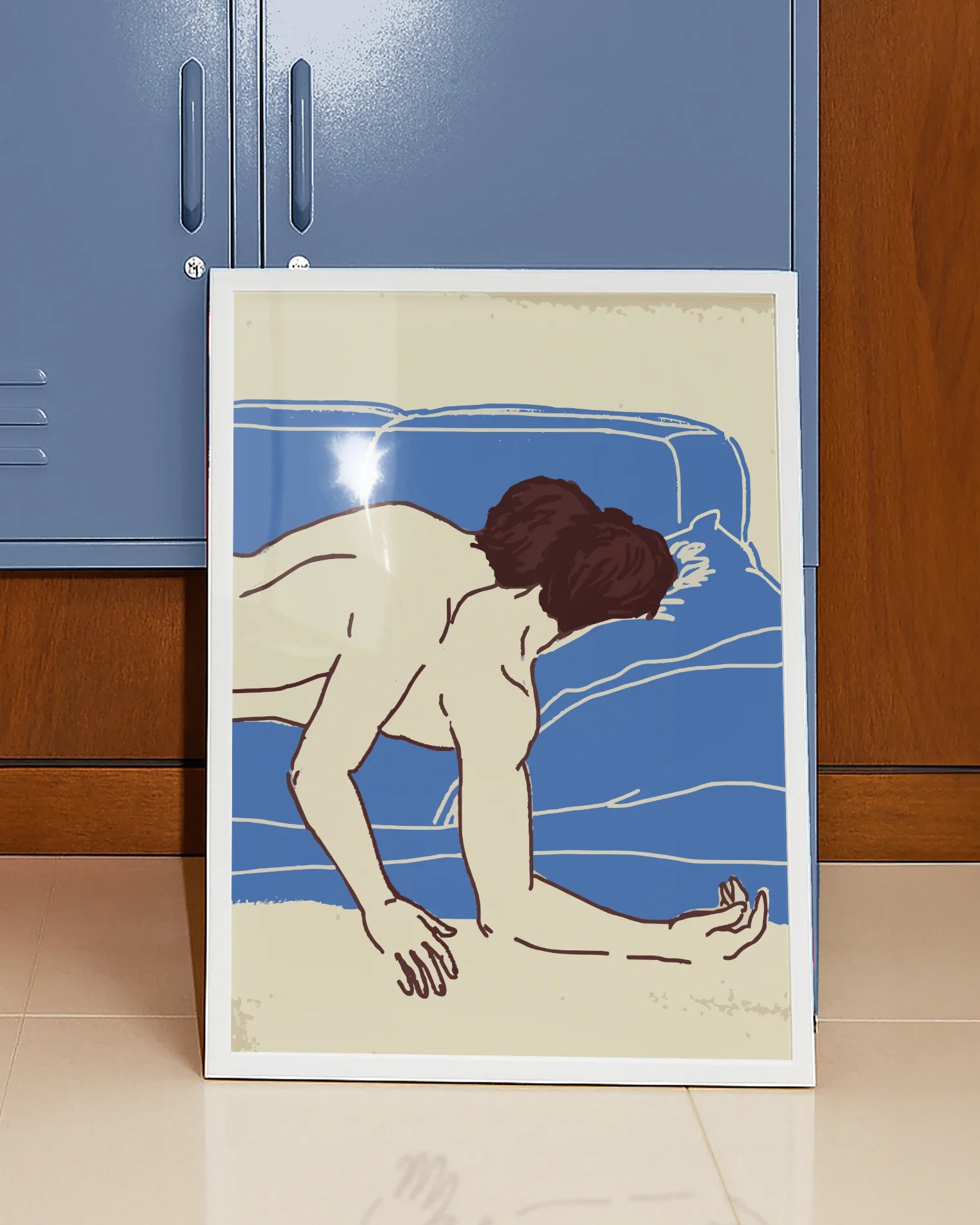 A framed poster with two naked men laying on top of each other on a couch, illustrated style.