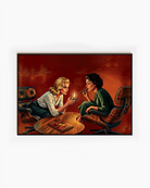 A poster with two sapphic ladies sharing a cigarr, lesbian pulp vintage style.