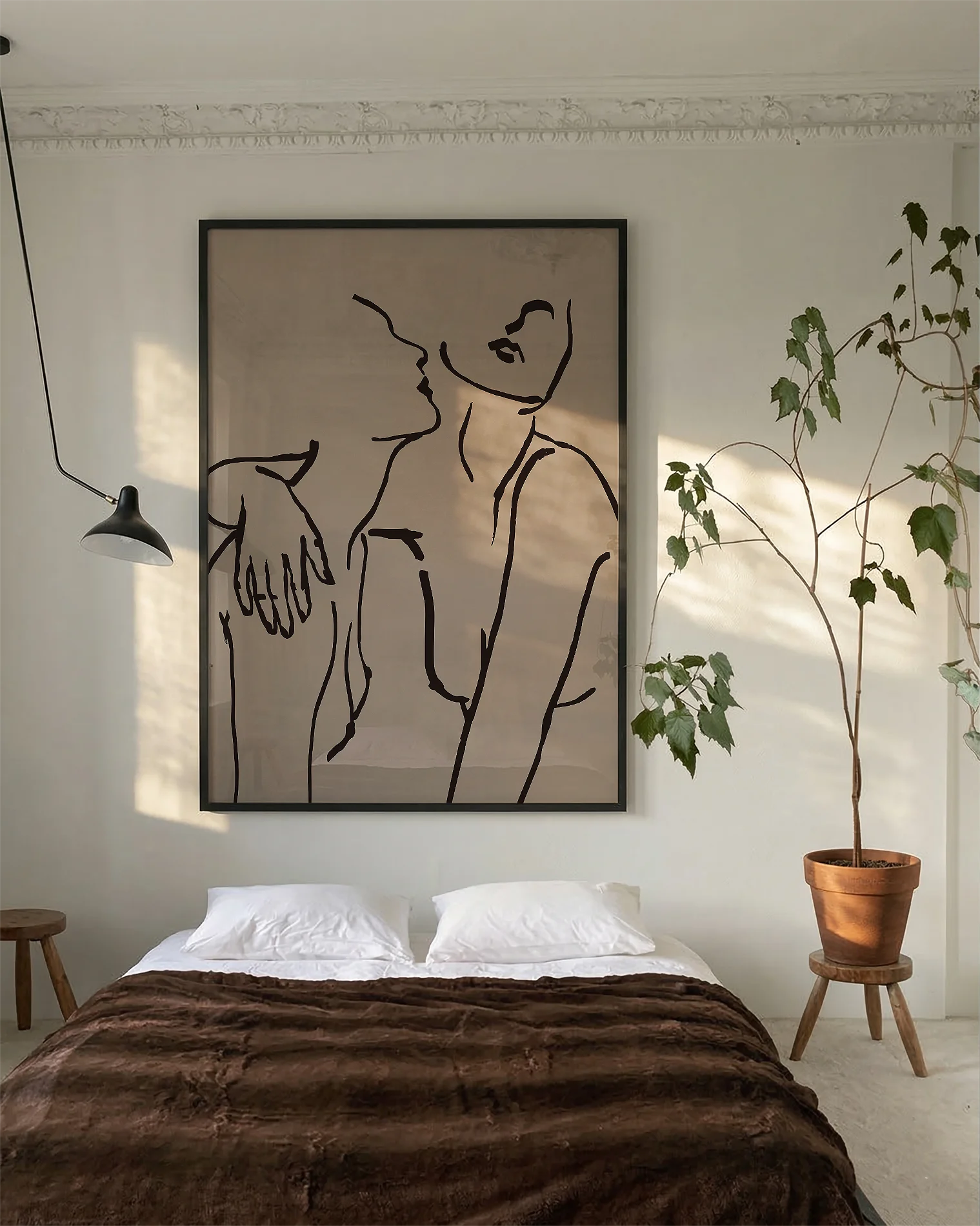 A poster with two naked women hugging, linear style.