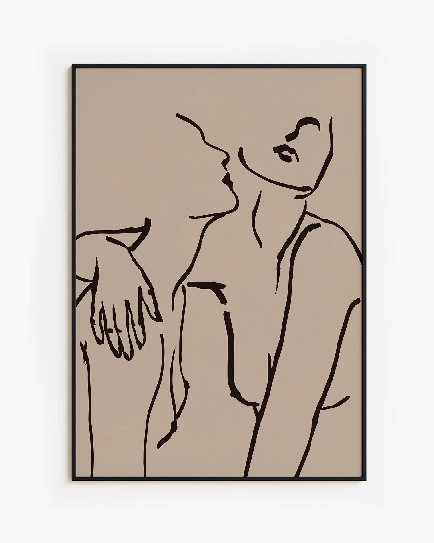 A poster with two naked women hugging, linear style.
