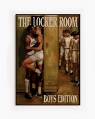 A framed poster depicting two men kissing, hidden behind a locker in a changing room, dressed in basketball gear, while the rest of the team prepares around the corner, 1960's vintage style.
