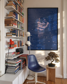 A poster with two gay men hugging each other in a dark blue lake.