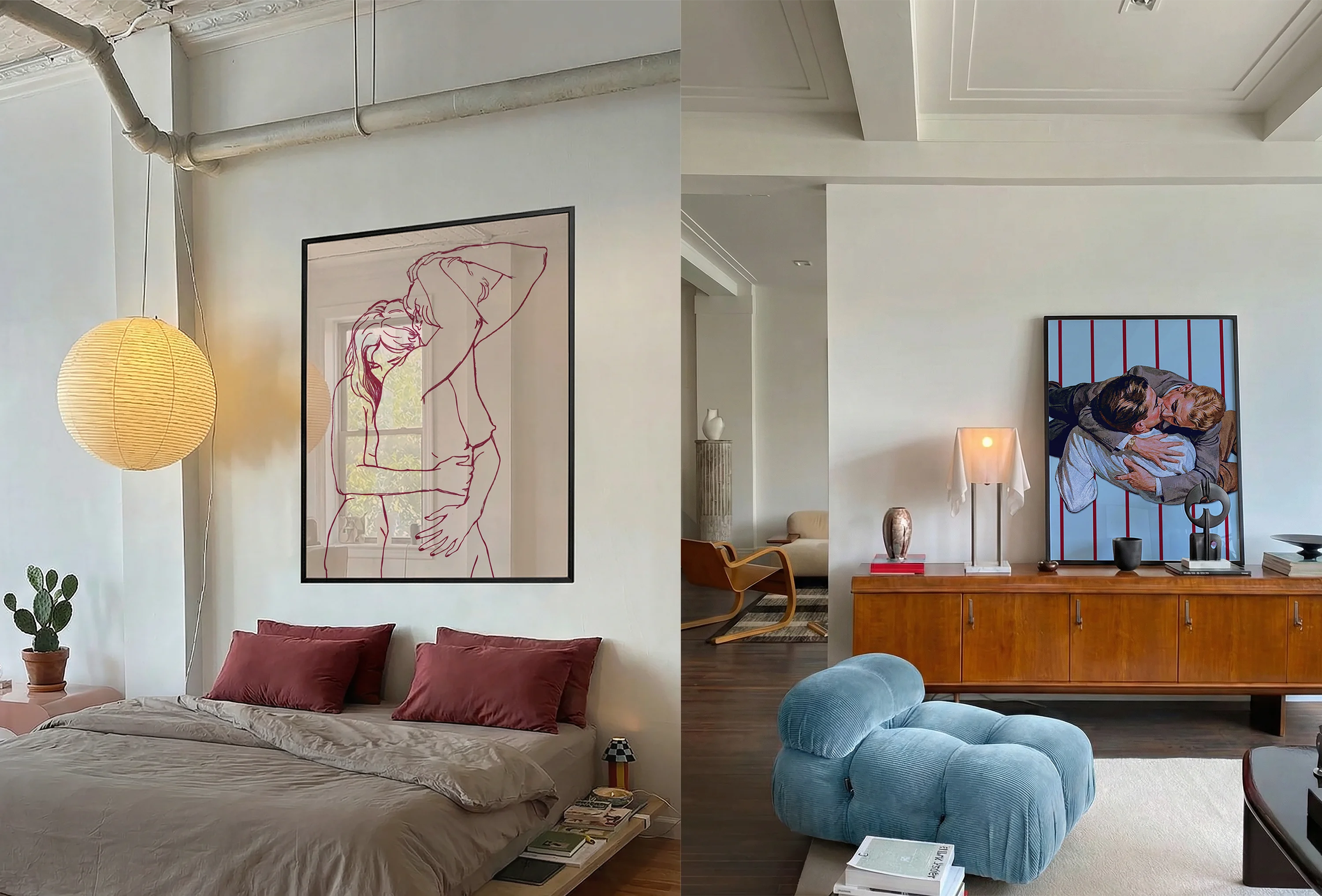 Two framed, queer posters in a bedroom and livingroom.