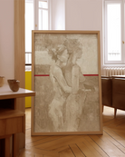 A framed poster with a lesbian, naked couple, abstract painting style.