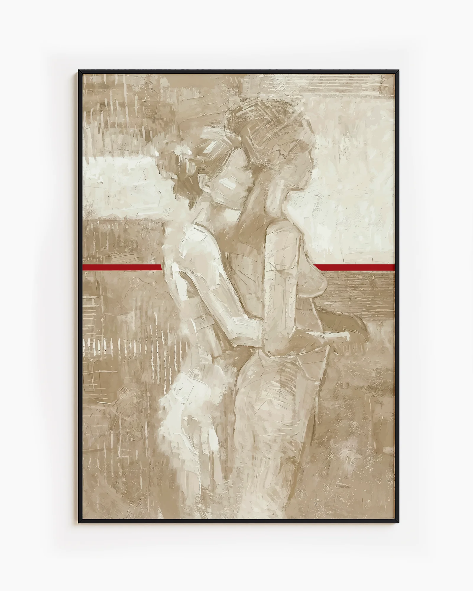 A framed poster with a lesbian, naked couple, abstract painting style.