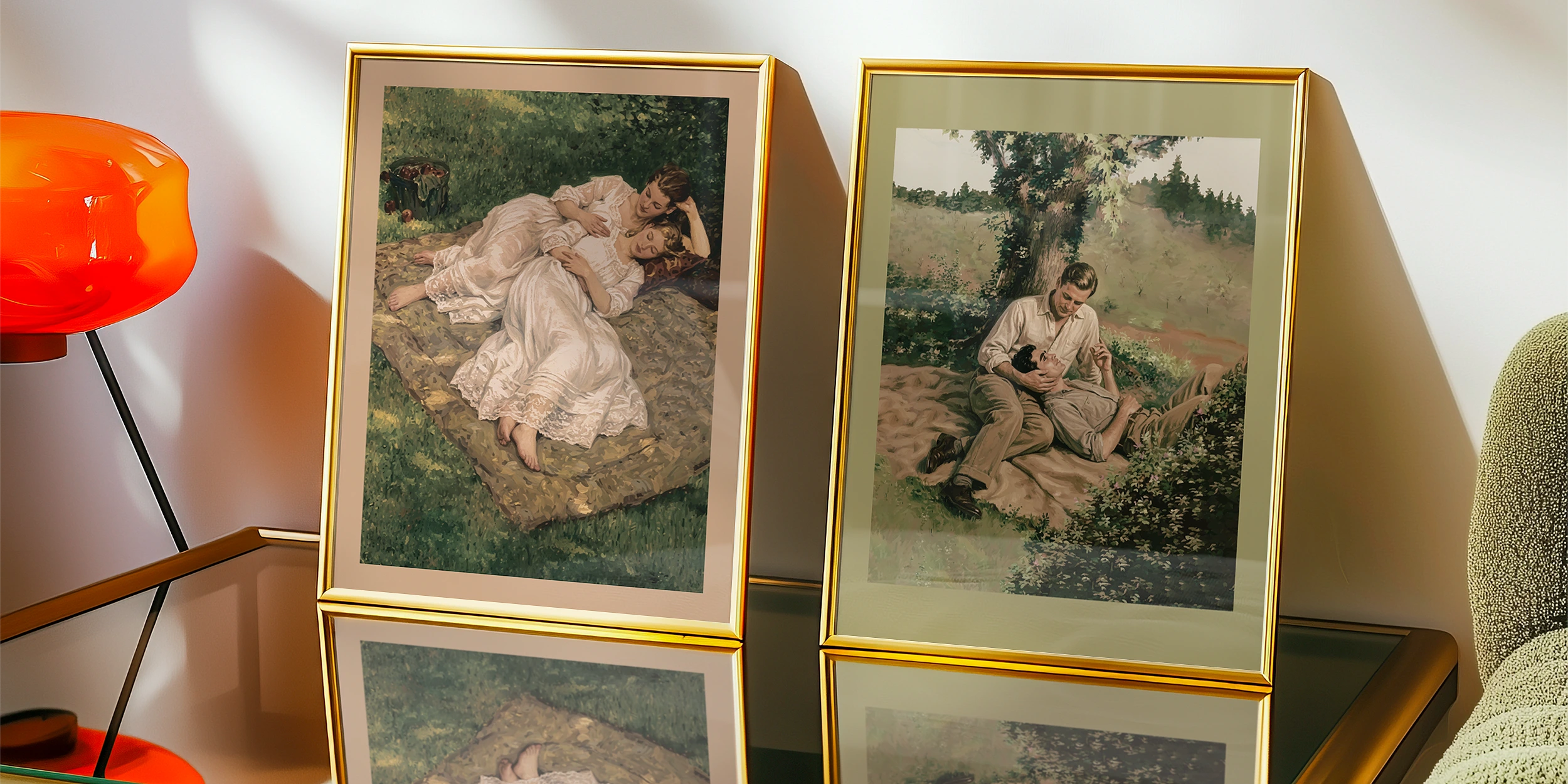 Two framed, queer vintage posters.