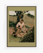 A framed poster with two men cuddling in a park. Vintage, oil painting style.