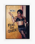 A framed poster with a black drag queen standing in front of a wall with a sign 'MEN ONLY', smiling.