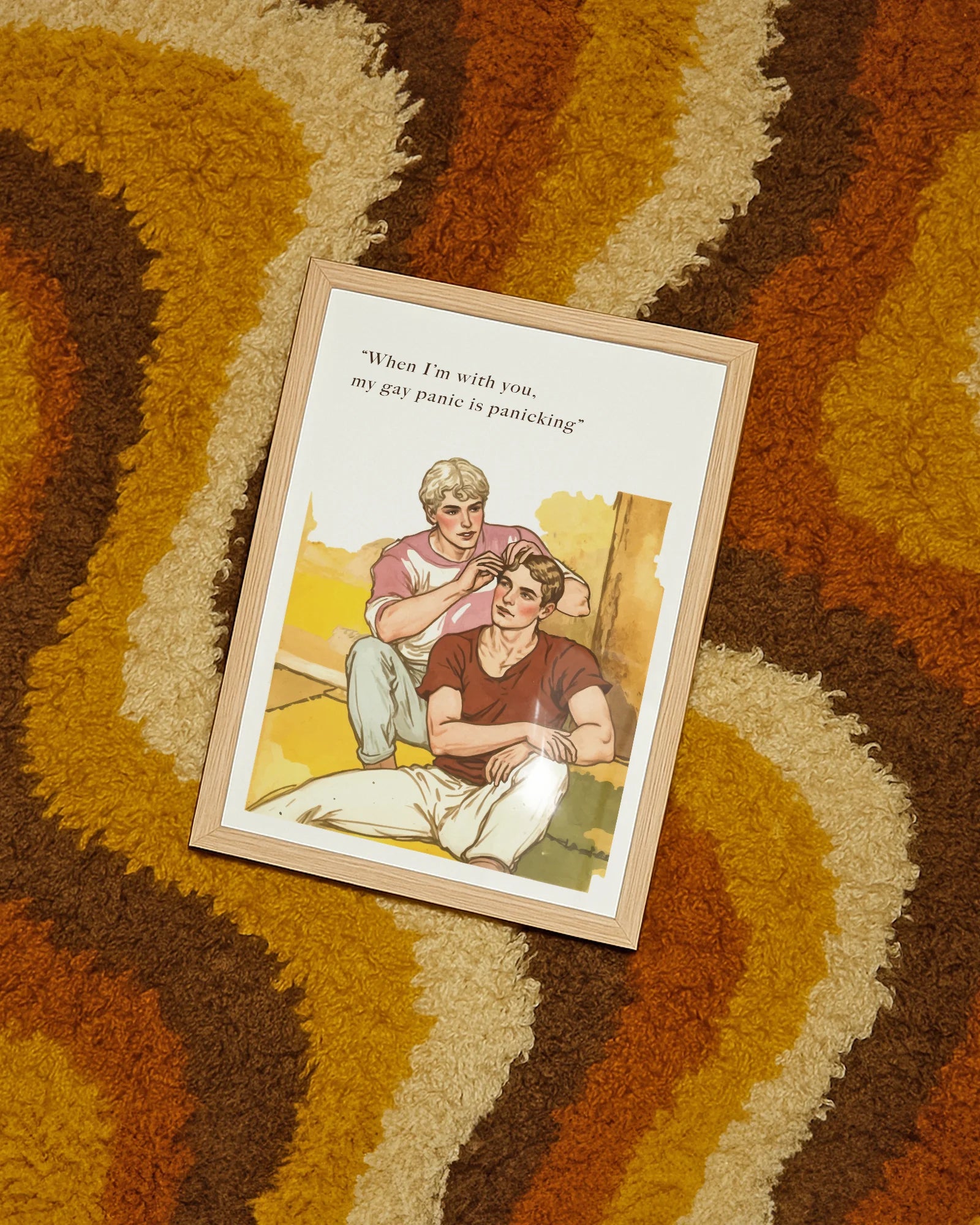 A poster depicting two gay men sharing a romantic moment, with the text: "When I'm with you, my gay panic is panicking."