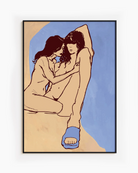 A framed poster with a lesbian, naked couple in an abstract style.