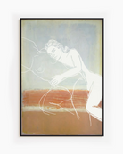 A poster with two, lesbian ladies in a line-art style, laying down and embracing softly.
