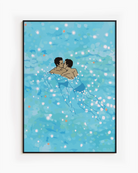 Two illustrated gay men kissing in blue and shiny water.