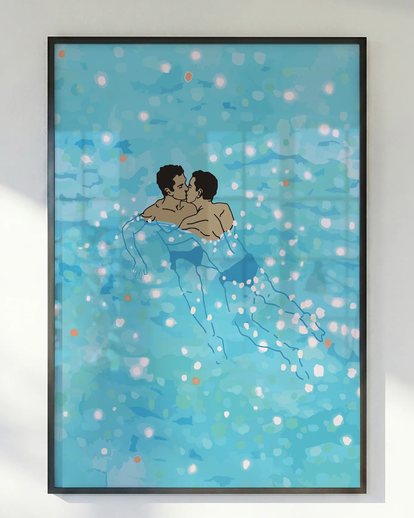 Two illustrated gay men kissing in blue and shiny water.
