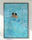 Two illustrated gay men kissing in blue and shiny water.