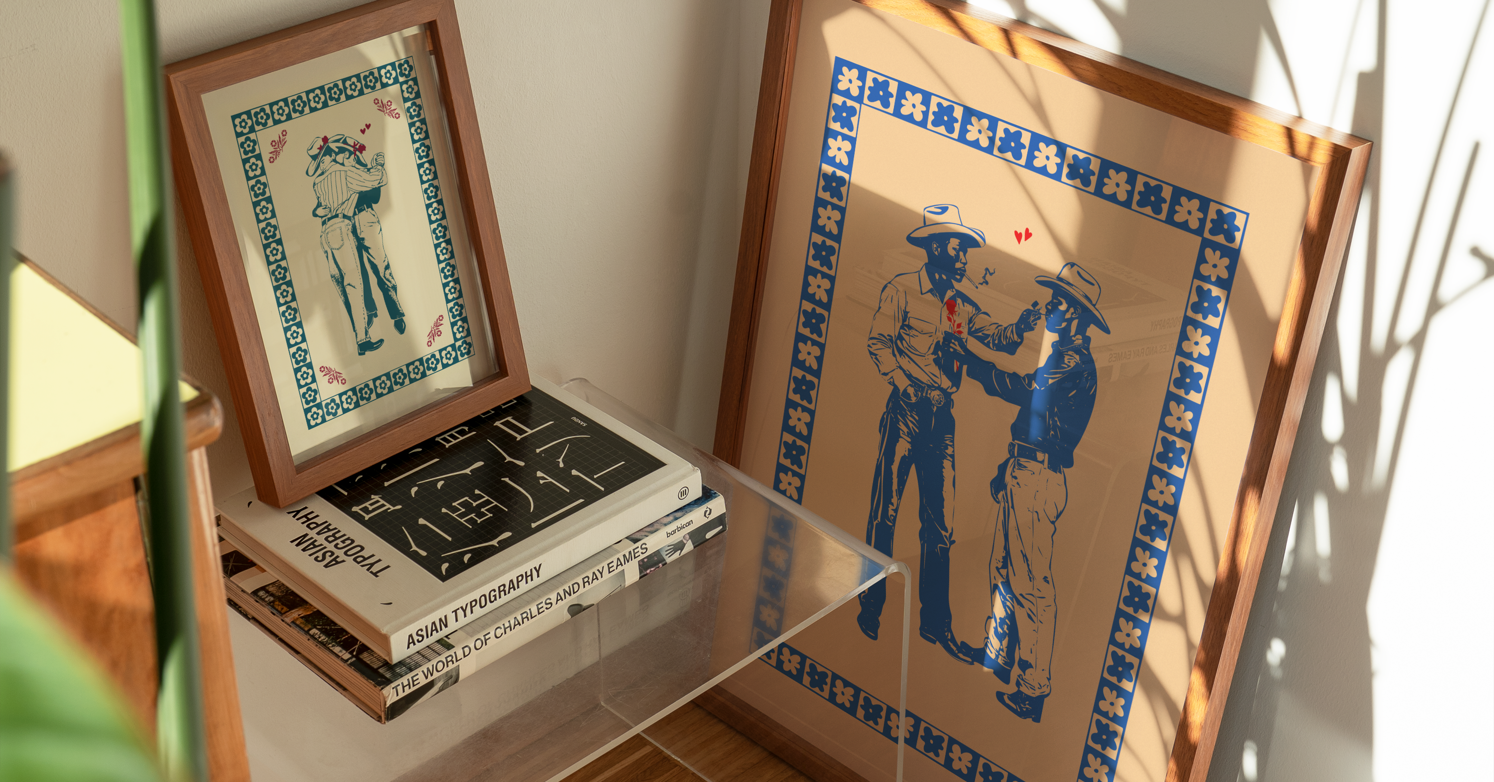 Two prints with queer cowboys.