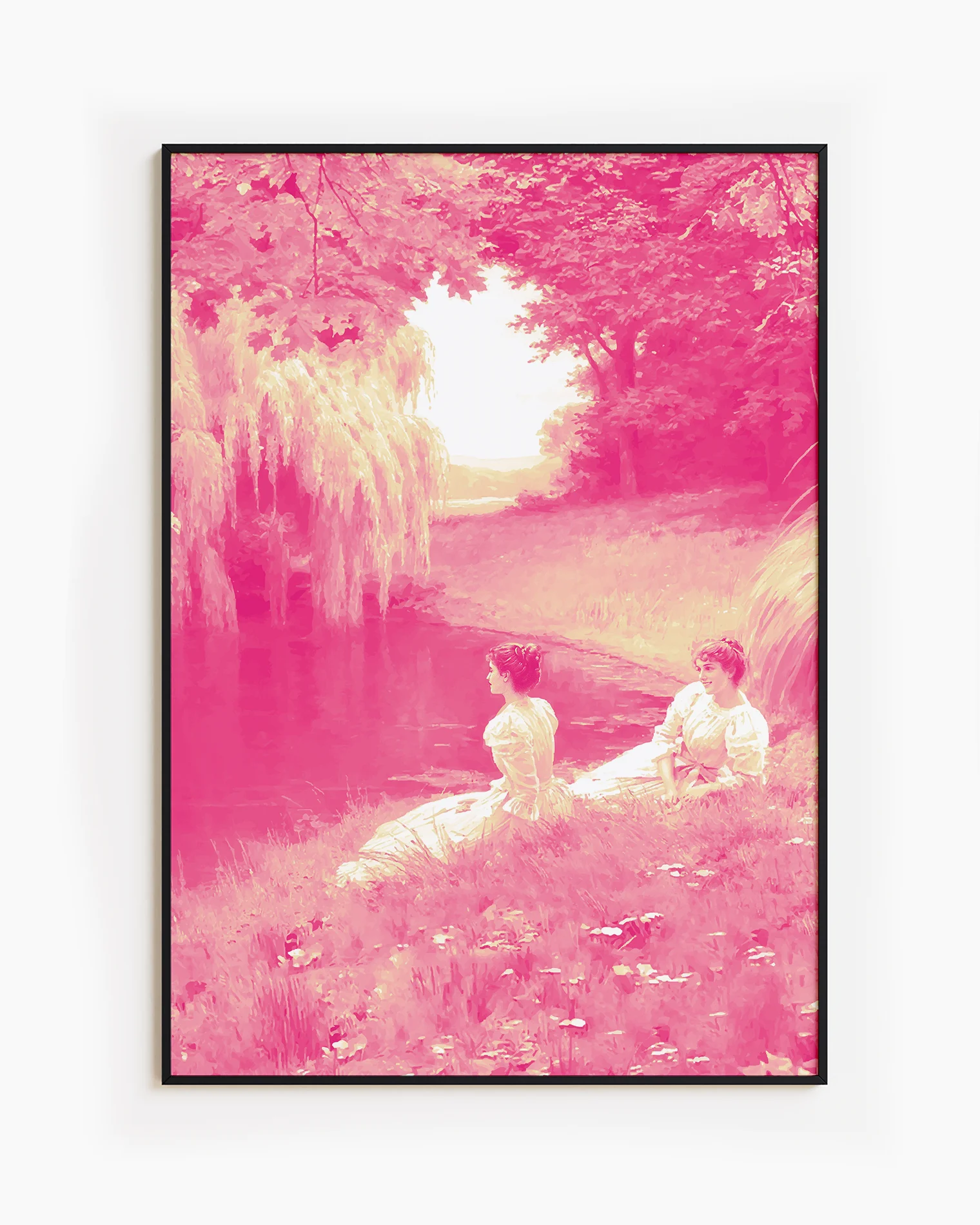 A poster with two lesbian, victorian ladies by a lake.