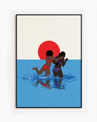 A poster with two lesbian girls playing in the ocean, in front of a sunset.