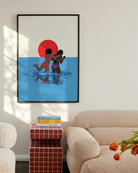 A poster with two lesbian girls playing in the ocean, in front of a sunset.