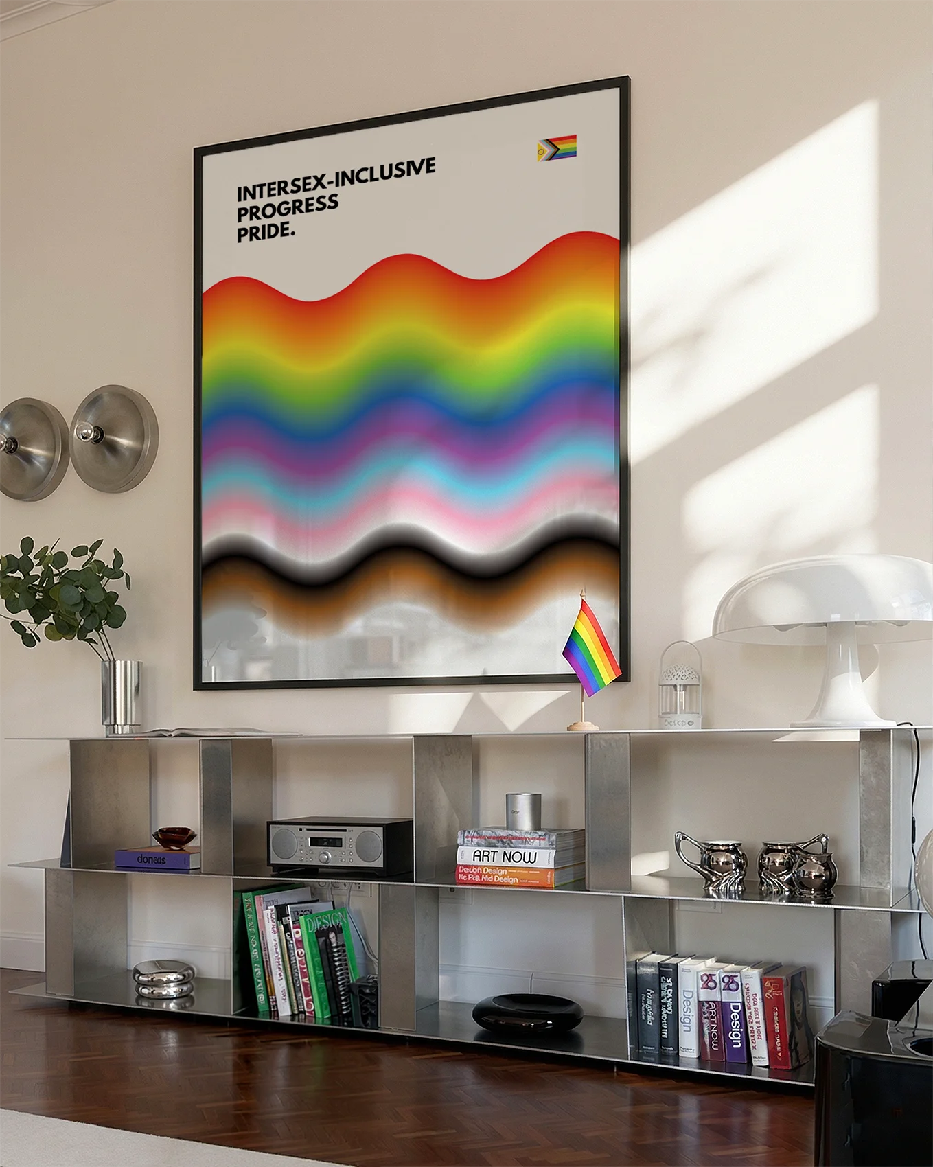 A poster of the intersex-inclusive progress prideflag on a wall.