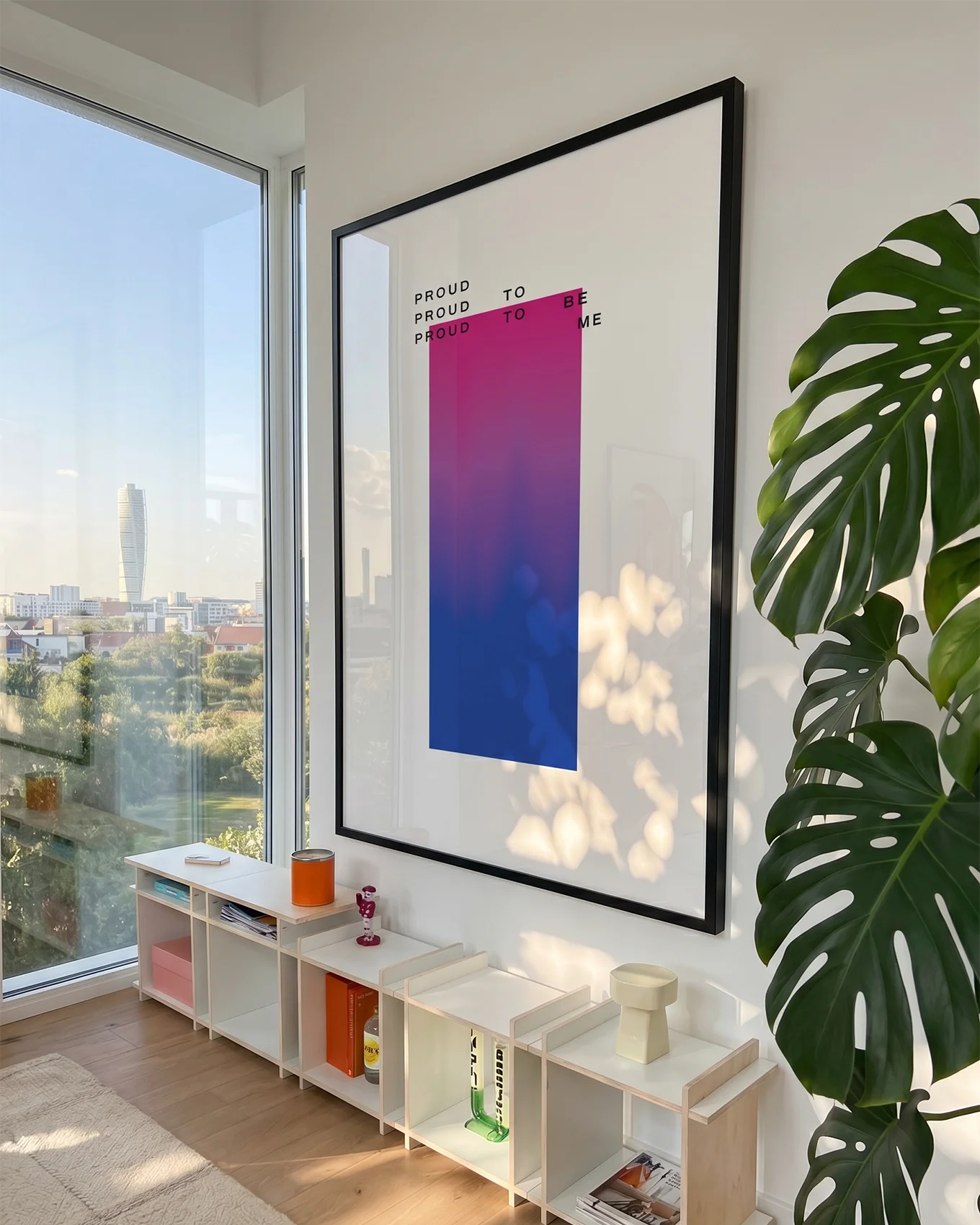 A poster with a gradient bisexual pride flag and the text: 'Proud to be me'.