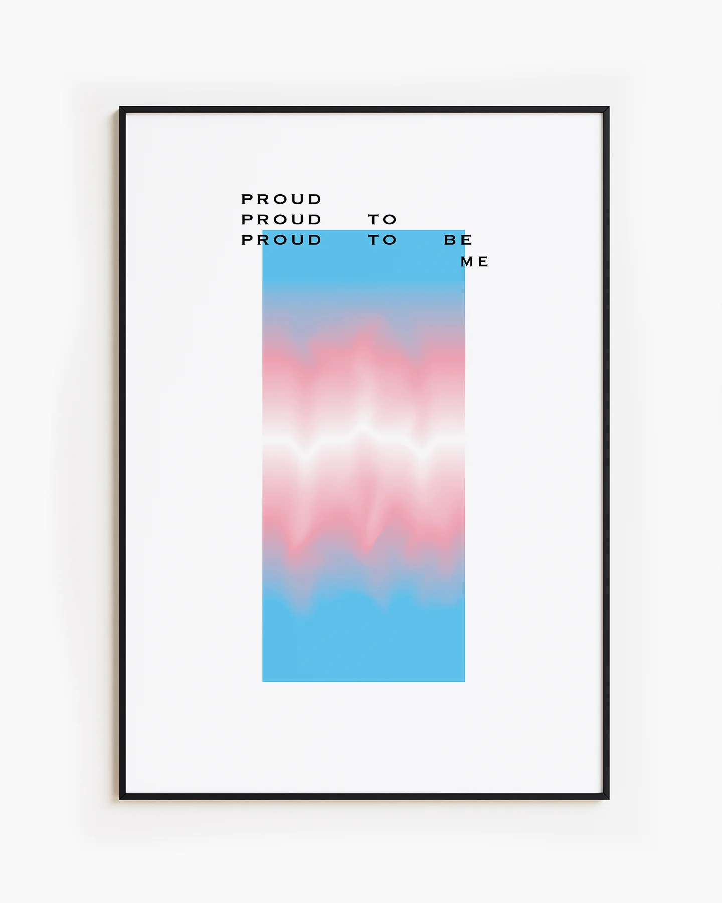 A poster with a gradient transgender pride flag and the text: 'Proud to be me'.