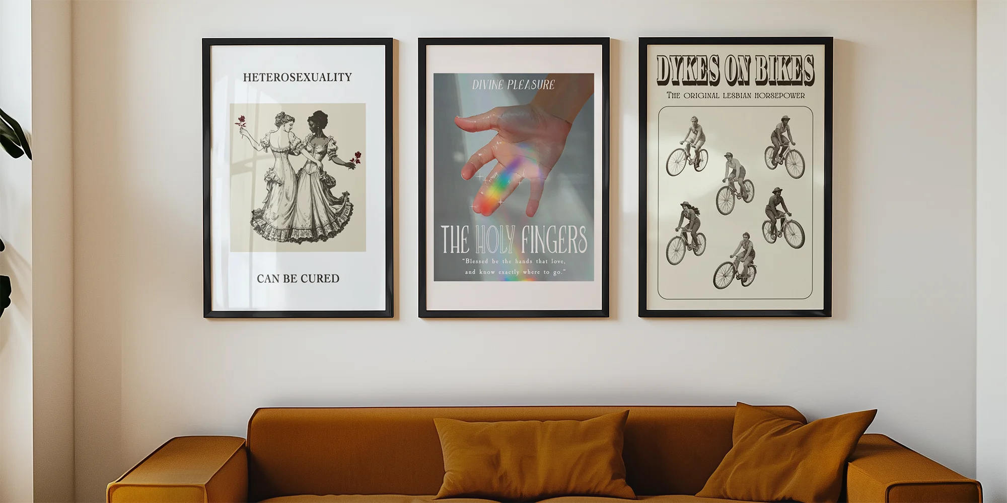 A header image with three printed, lesbian posters on a wall.