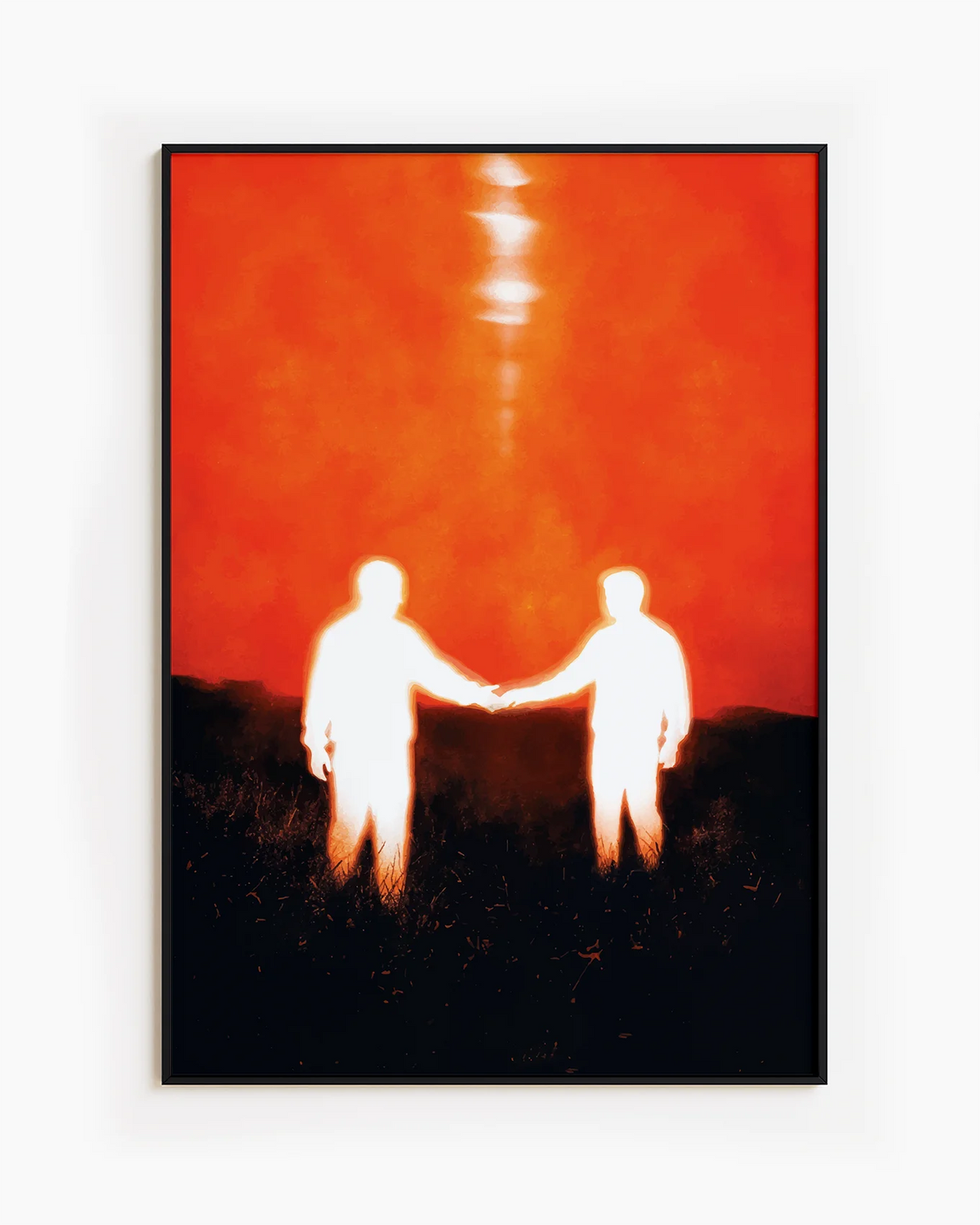 A poster of two men reaching out to each other.